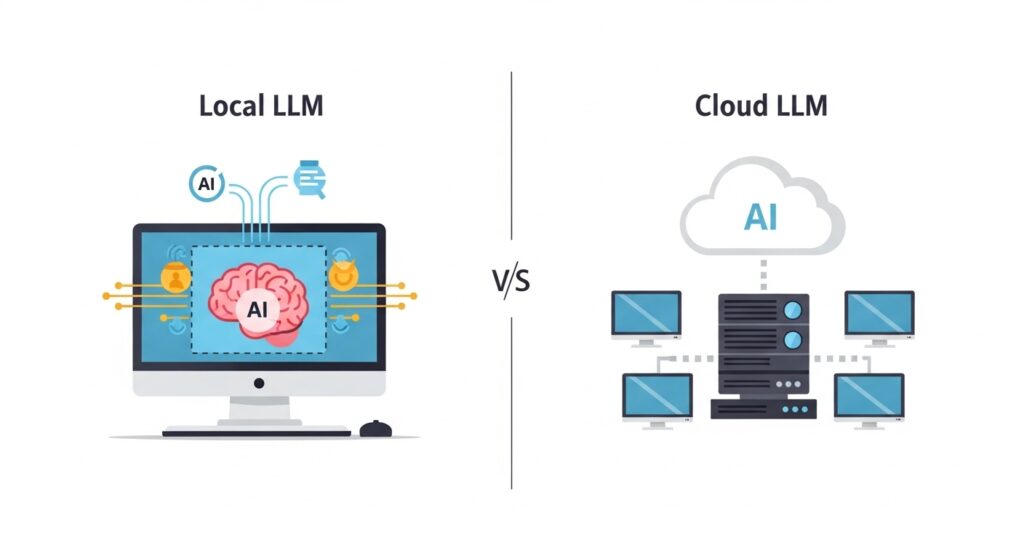 ローカルLLMとクラウドLLMの違いを示すイラスト。PC内でAIが動作するローカル型と、クラウドサーバー経由でAIを利用する仕組みを比較している図。