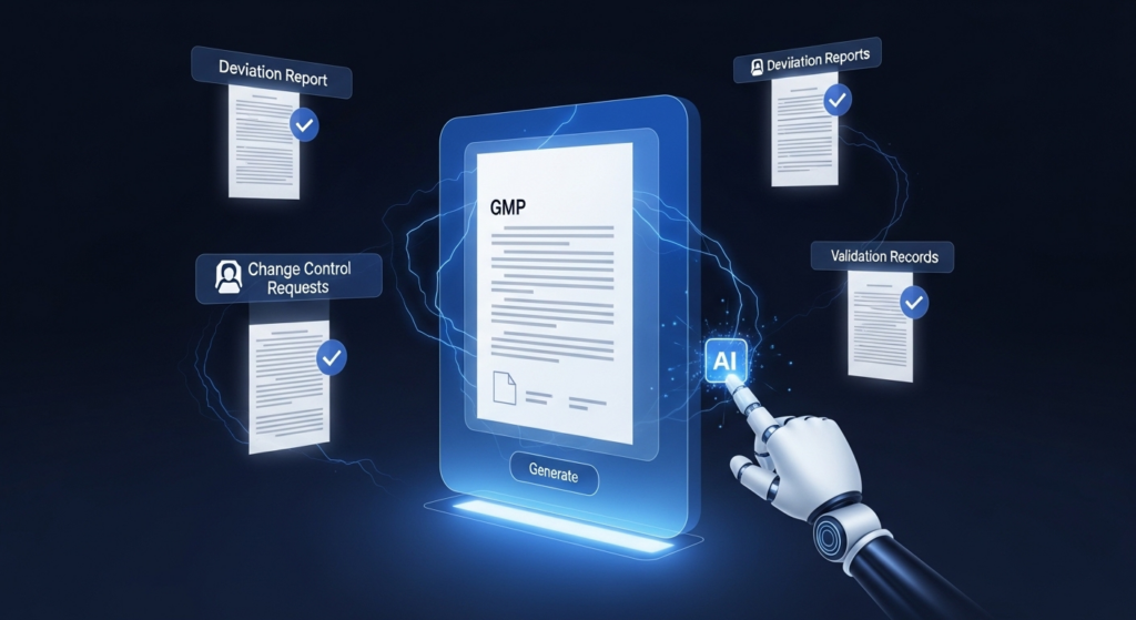 GMP文書の生成をAIで効率化するイメージ