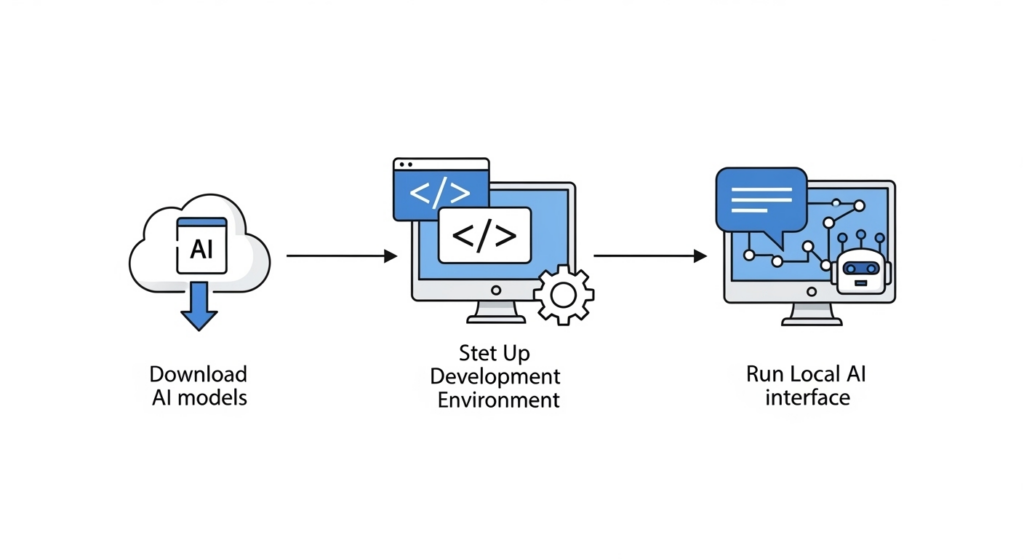 ローカルLLMの導入手順を3ステップで示したイラスト。AIモデルのダウンロード、開発環境構築、ローカル実行までの流れを図解している。