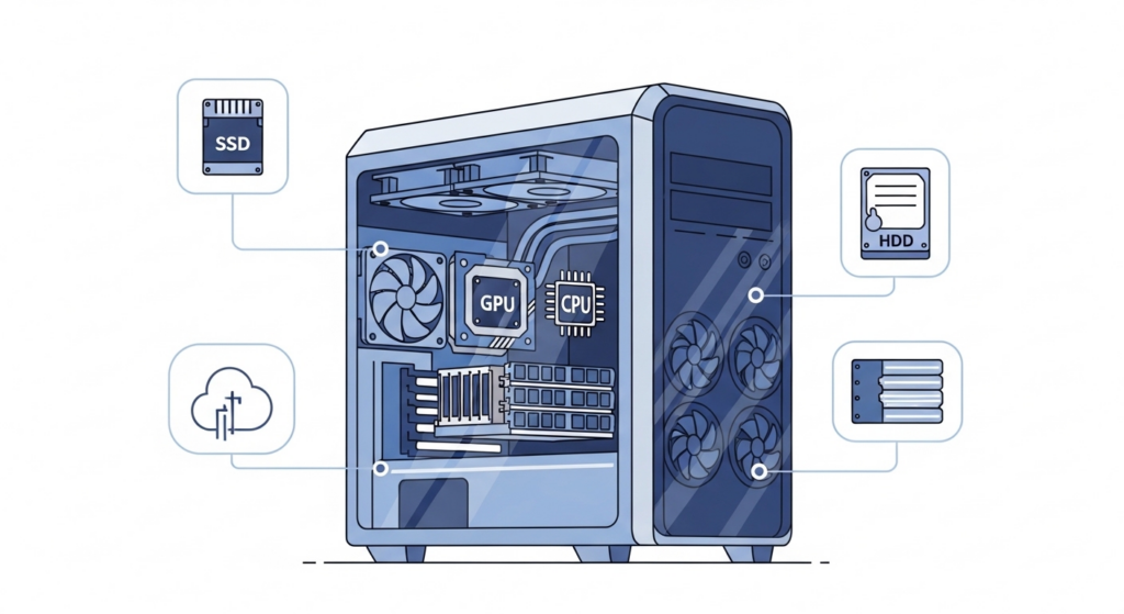 ローカルLLMを動かすために必要なPCスペックを表すイラスト。GPU、CPU、メモリ、ストレージなどのハードウェア構成を示した図。
