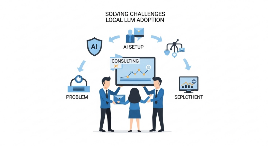 ローカルLLM導入の課題を解決するコンサルティングのイメージ図。企業のAI導入、インフラ構築、セキュリティ対応を支援する様子を表したイラスト。