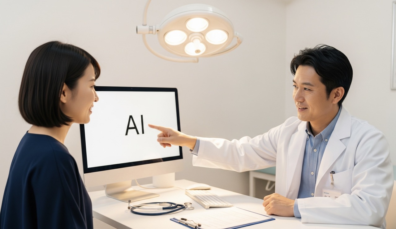 AIが病院の診断支援・受付・問診などで貢献することで、内科医がスムーズに患者さんの診療を行うことができることを紹介するためのイメージ