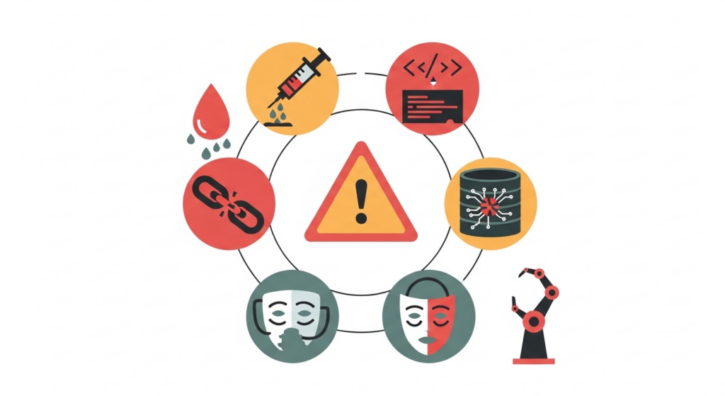 AIセキュリティの主要リスクと攻撃を表すフラットイラスト。中央の警告アイコンを取り囲むように、情報漏洩・プロンプトインジェクション・ハルシネーションなど7種類のリスクアイコンが配置されている。
