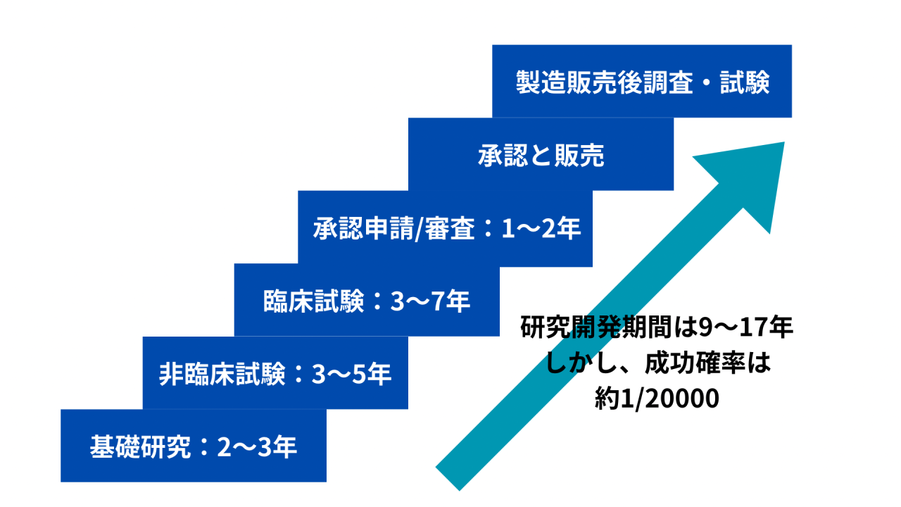 AI 創薬 成功例を示すために、まず創薬の手順を説明した画像