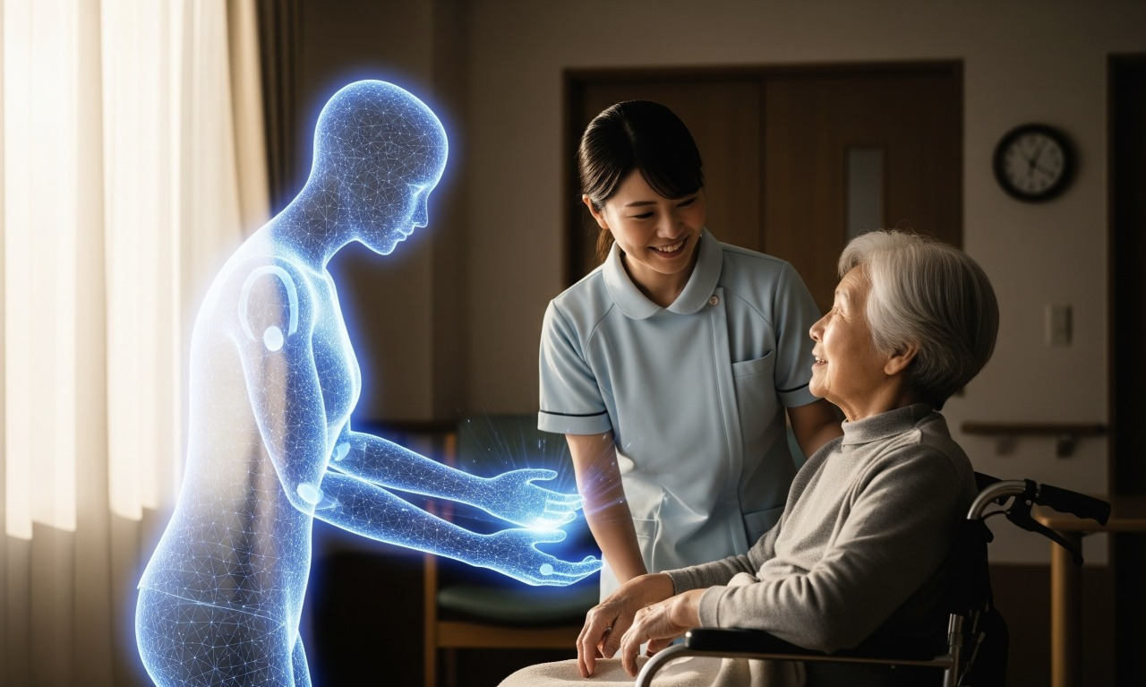 AIがヘルスケア分野において業務改善し、体とメンタルケアのケアに役立つことを示す画像