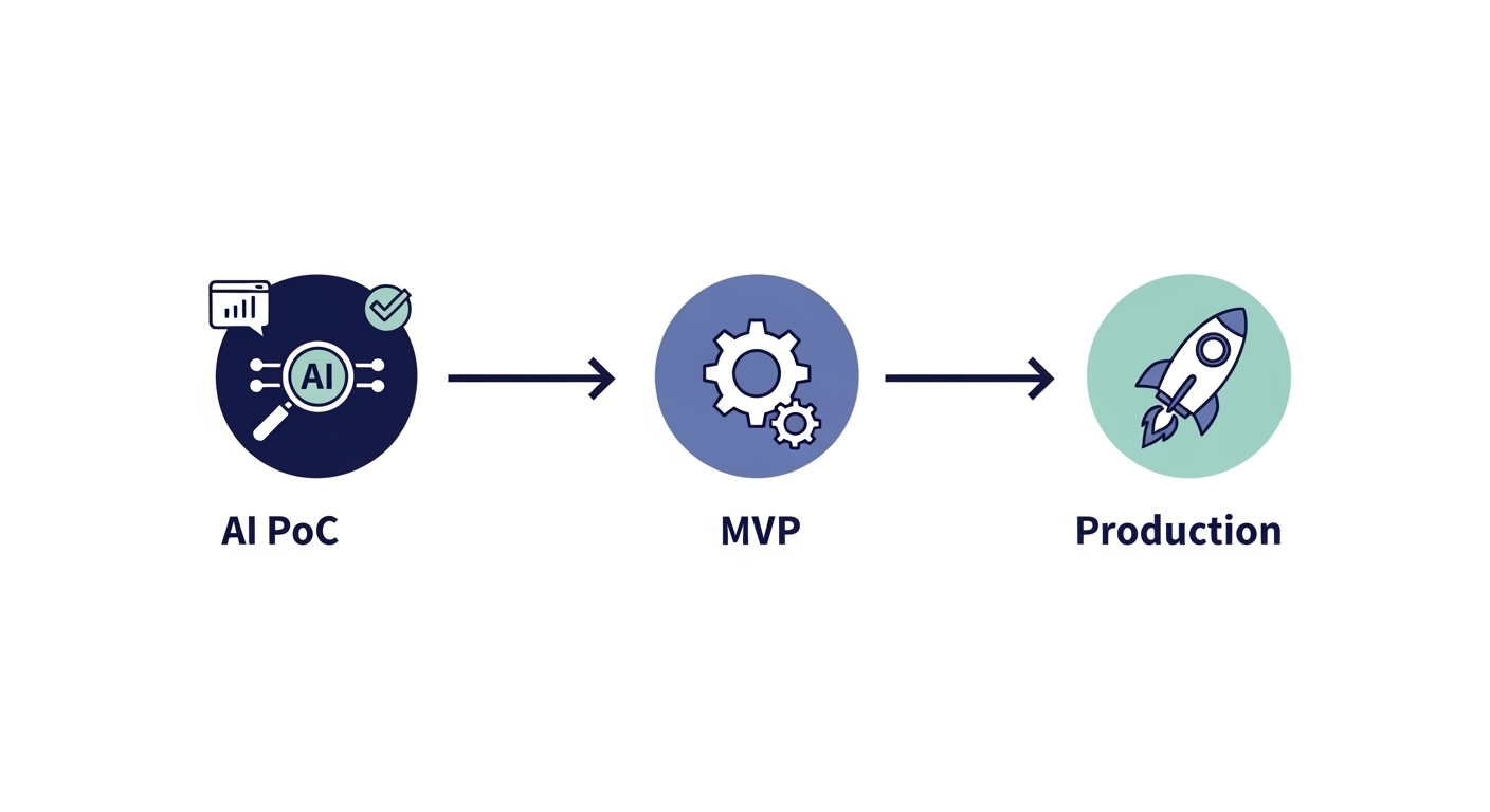 生成AI PoCの3段階（PoC→MVP→本番導入）のロードマップを示すフロー図