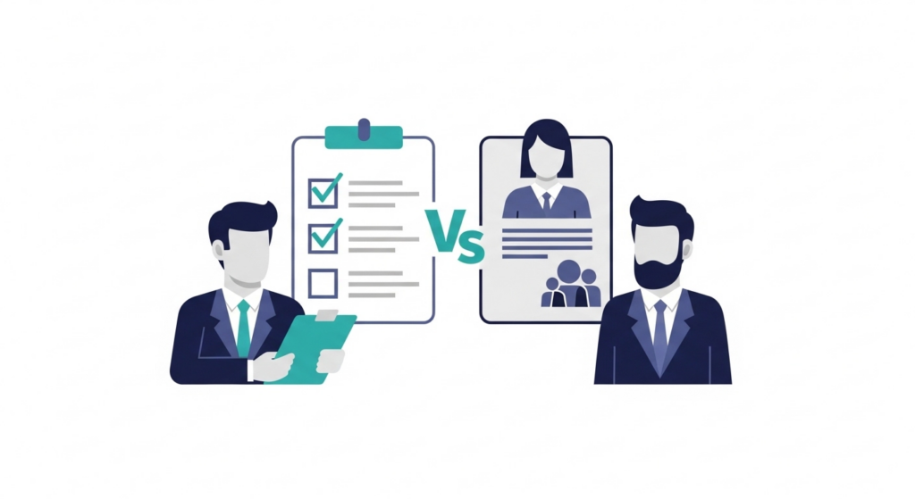 PoC開発の外注先選定ポイントを比較・評価するイメージ図