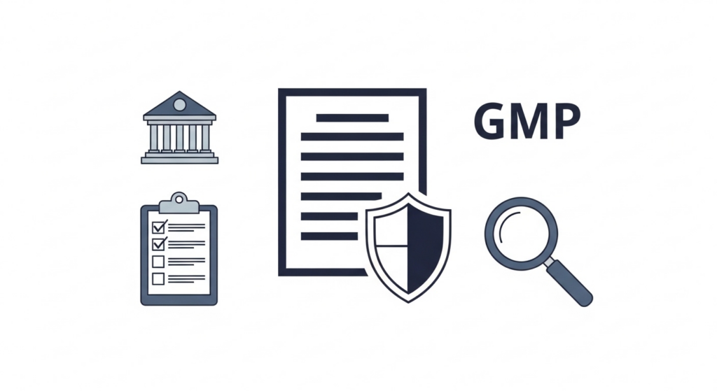 GMP省令の概要と重要ポイントを示すフラットイラスト。規制当局・遵守要件・査察の3要素を中心のドキュメントアイコンと組み合わせて表現。