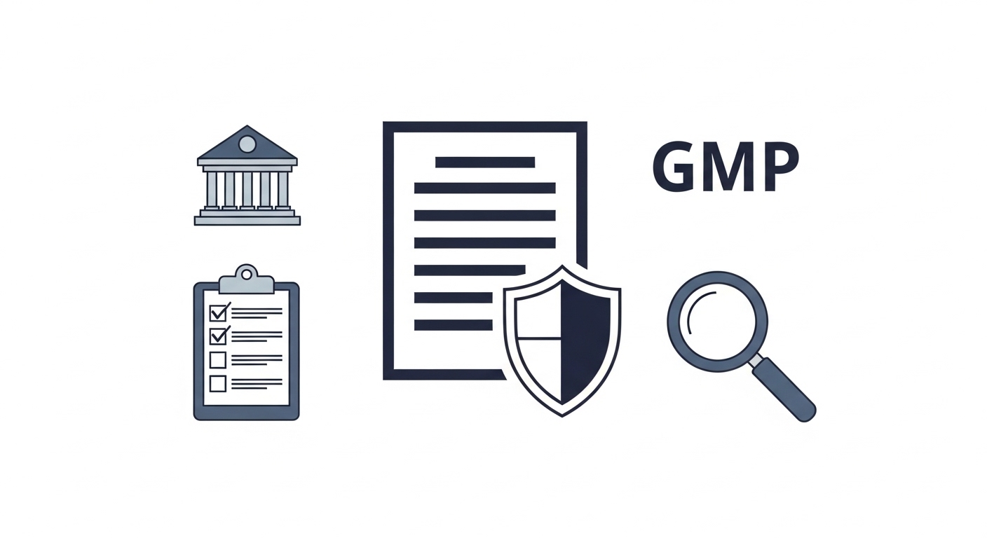 GMP省令の概要と重要ポイントを示すフラットイラスト。規制当局・遵守要件・査察の3要素を中心のドキュメントアイコンと組み合わせて表現。