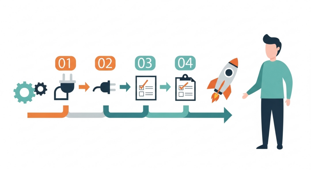 導入手順を示すステップフロー図のフラットデザインイラスト。矢印でつながれた4つの工程アイコンと人物が描かれている。