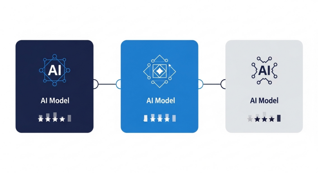 複数のAIモデルを並べて比較するフラットデザインのイラスト。各モデルカードにアイコンと評価グラフが表示されている。