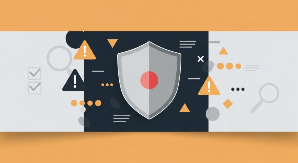 リスクと注意点を表すフラットデザインのイラスト。中央のシールドアイコンの周囲に警告マークと注意を促すシンボルが配置されている。