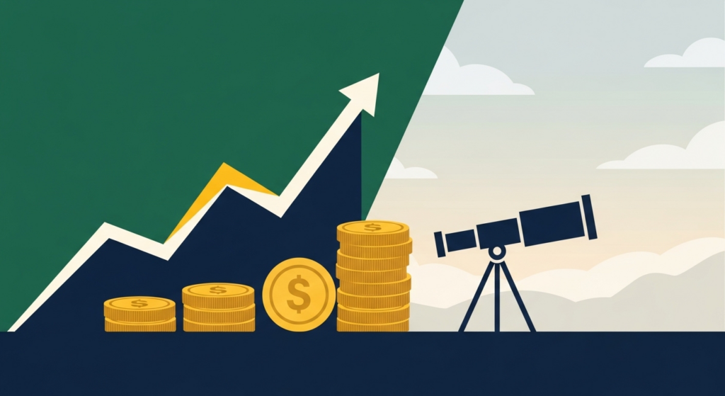 費用対効果と将来展望を表すフラットデザインのイラスト。右肩上がりのグラフ、コインのアイコン、遠方を見渡す望遠鏡が描かれている。